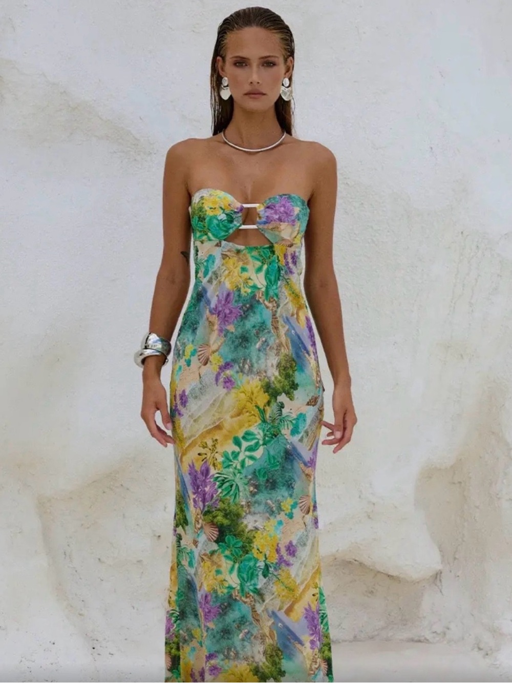 Floral Watercolor Strapless Maxi Dress in Green, Yellow & Purple